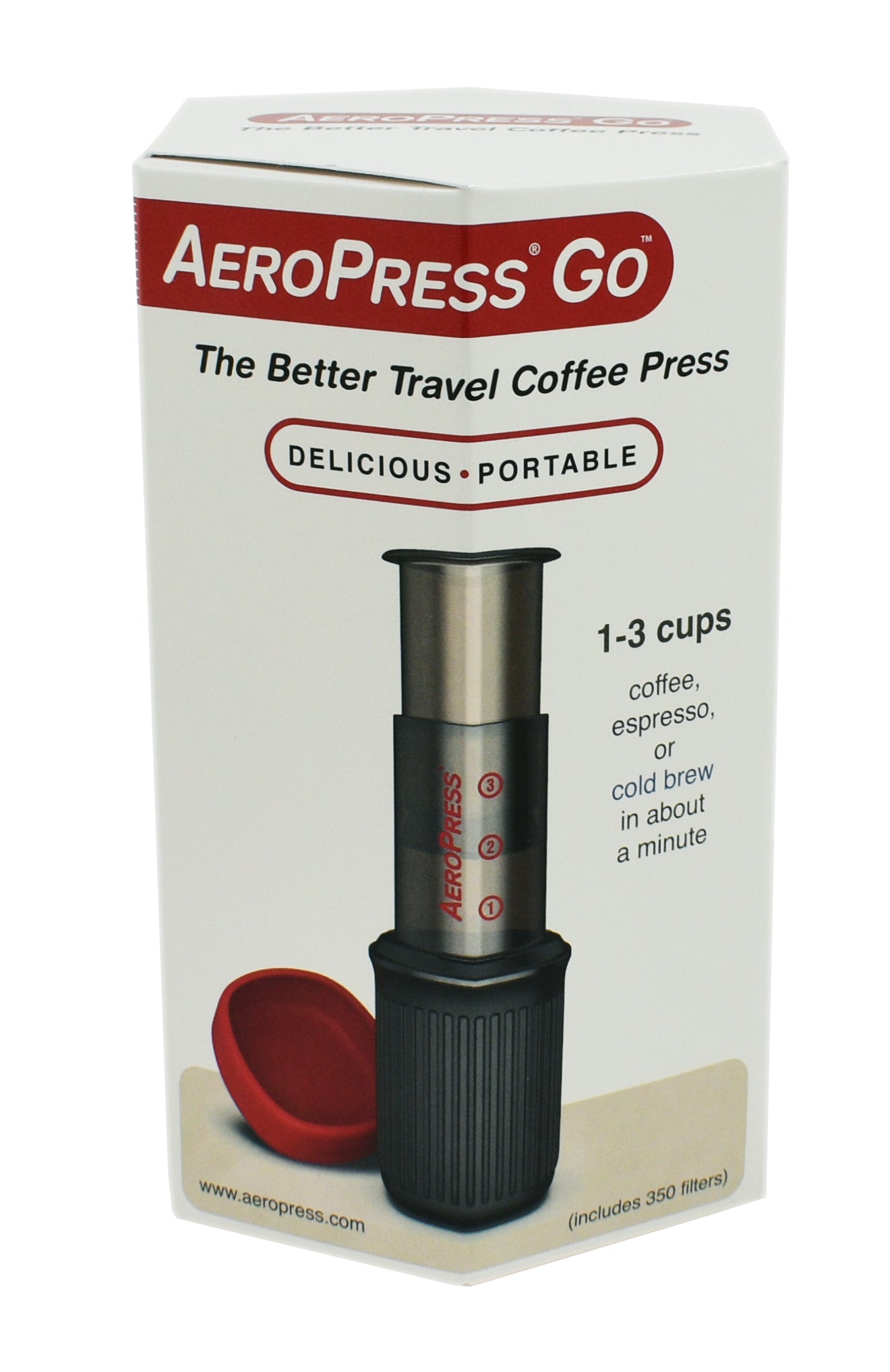 AeroPress GO Travel Coffee Maker packaging box on white background