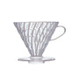 A clear plastic Hario V60 coffee dripper size 02 against white background